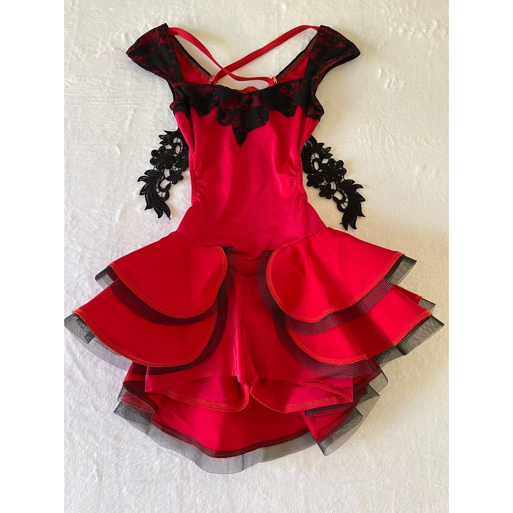 Kelle Girls Large Red Black Dance Costume Flamenco Ruffle Lace Open Back USA